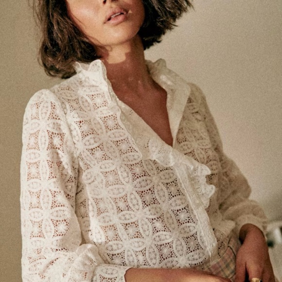 Sezane CHLO SHIRT White Lace Button-Up Blouse NWT - Size 14 (46) - Picture 7 of 7